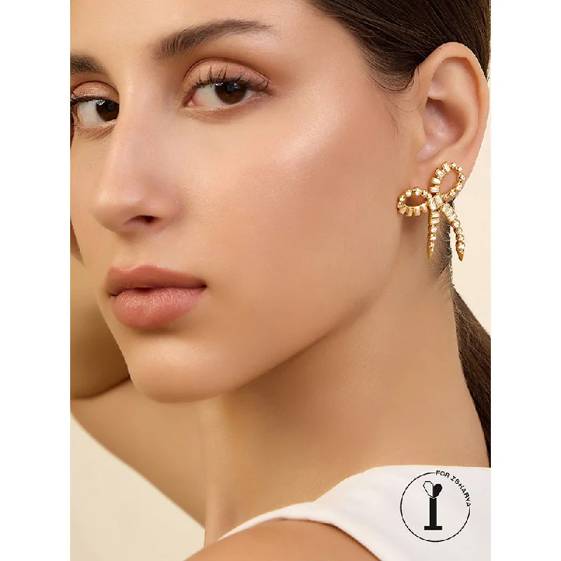 women's religious earrings-Isharya Bow Spiked Drops In 18Kt Gold Plated