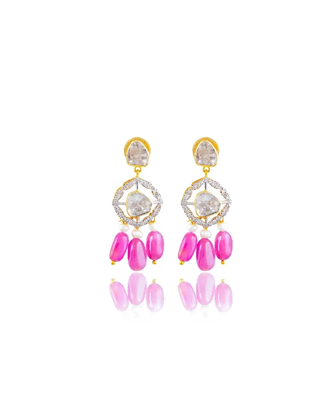 women's gemstone earrings-Zuveria Polki And Diamond Long Earrings