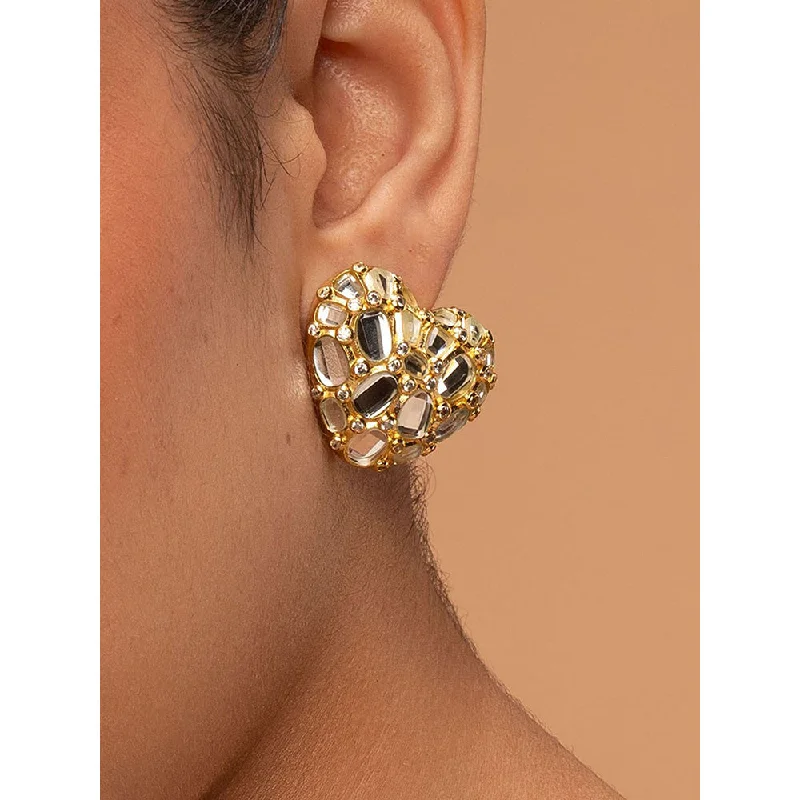 women's bold fashion earrings-Isharya Desire Mirror Heart Studs In 18Kt Gold Plated