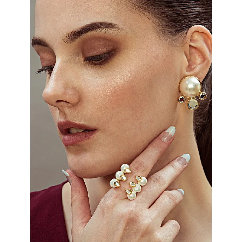 women's chic earrings-Isharya Ayaana Pearl & Surrounded Mirrors Stud In 18KT Gold Plated