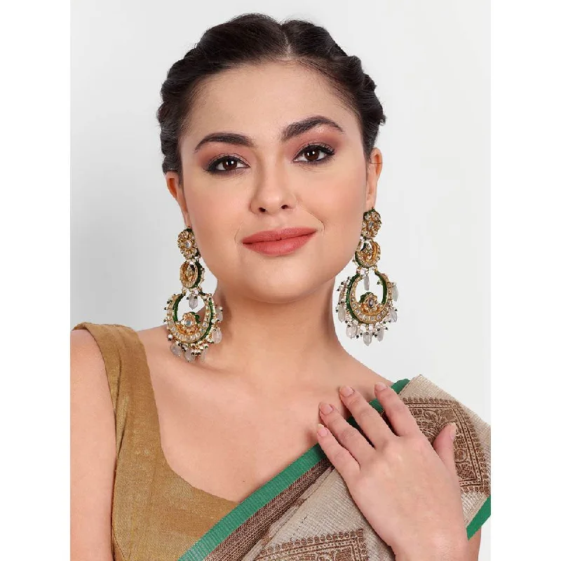 women's teardrop earrings-Auraa Trends 22KT Gold Plated Kundan Green Earring Set