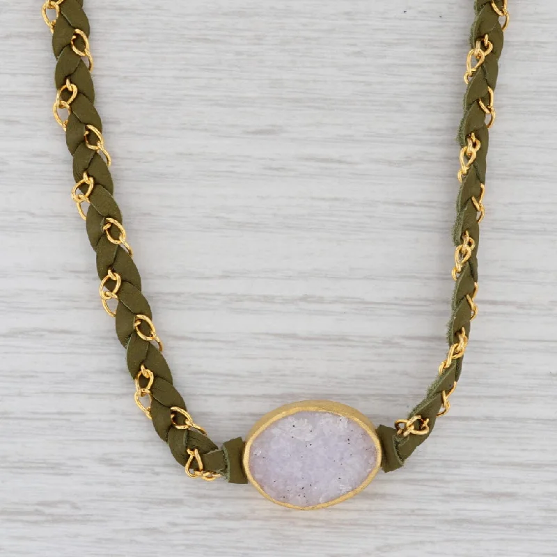 women's ethically sourced necklaces-New Nina Nguyen Cordelia Necklace White Druzy Quartz Woven Green Leather