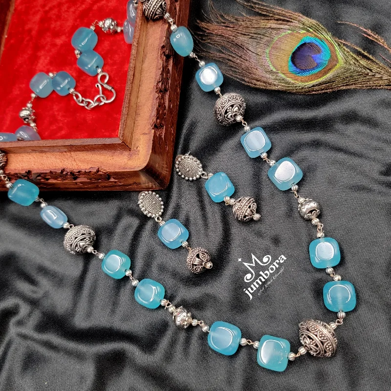 women's floral necklaces-Handmade Blue Onyx Nuggets Oxidized German Silver Beads Mala Necklace Set