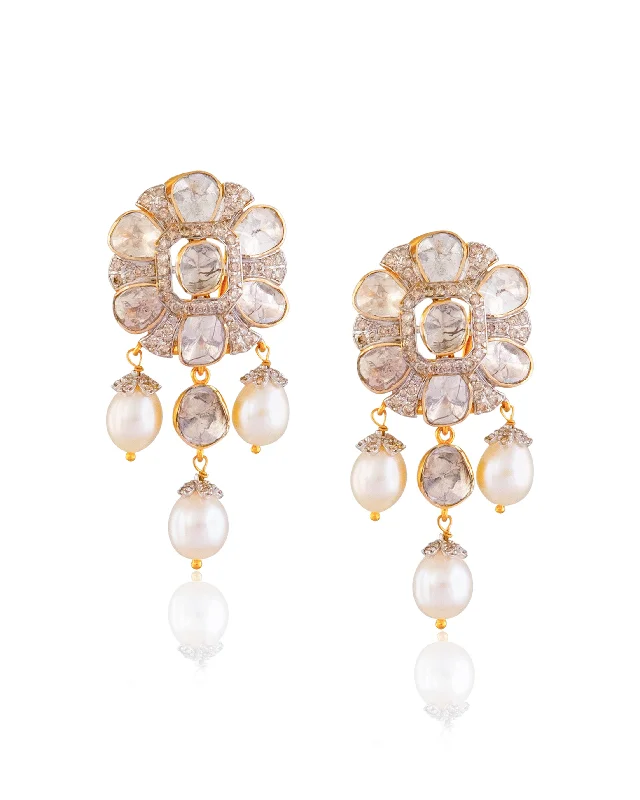 women's two-tone earrings-Meera Polki And Diamond Long Earrings