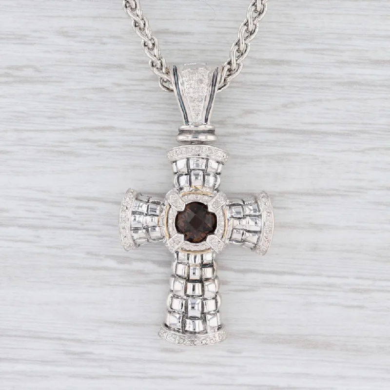 women's reiki energy necklaces-New Ornate 1.81ctw Smoky Quartz & Diamond Cross Necklace 18" Sterling 14k Gold