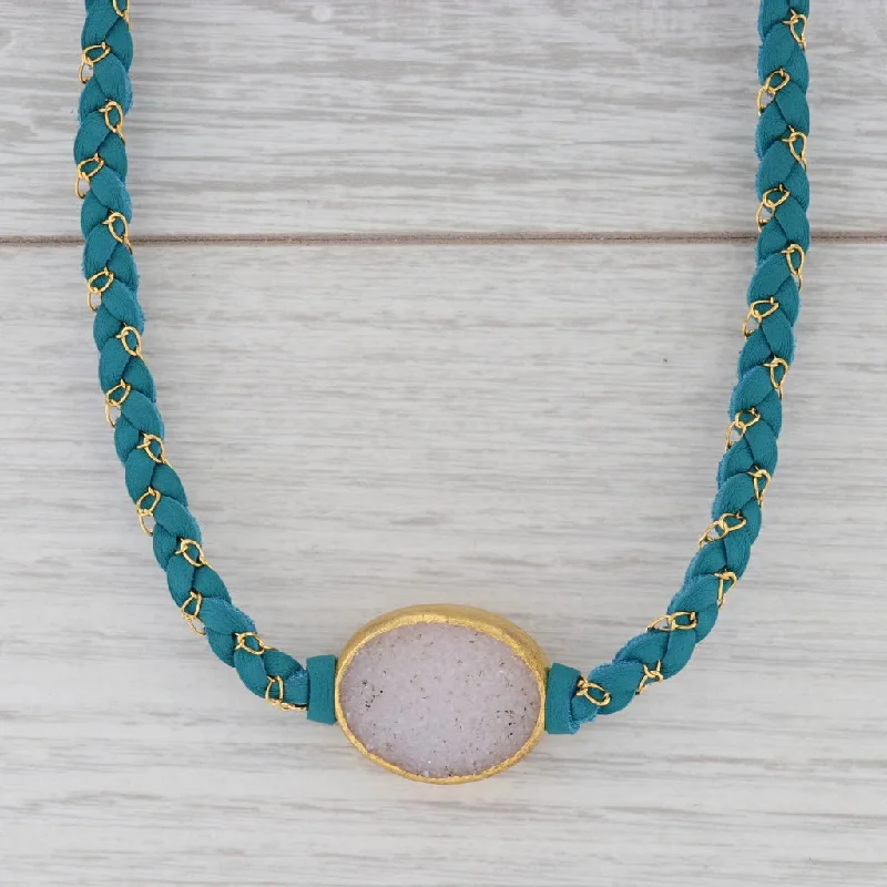 women's love knot necklaces-New Nina Nguyen Cordelia Necklace Sand Druzy Quartz Pendant Teal Leather