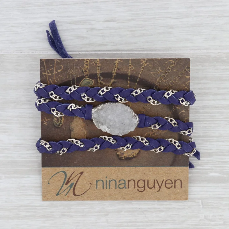 women's crystal necklaces-New Nina Nguyen Cordelia Necklace Woven Purple Leather White Druzy Pendant