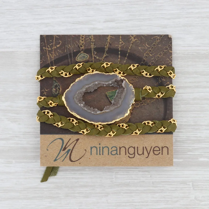 women's eco-friendly necklaces-New Nina Nguyen Cordelia Necklace Druzy Geode Woven Green Leather