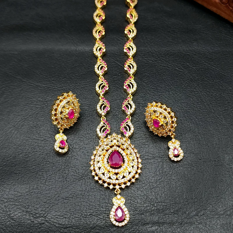 women's gold necklaces-Ruby Red & White AD Zircon CZ Necklace Set