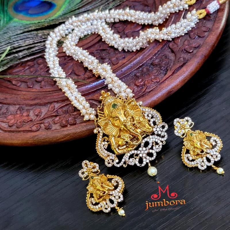 women's two-tone necklaces-Cluster Pearl Ganesha AD Zircon (CZ) Temple Jewelry Necklace Set