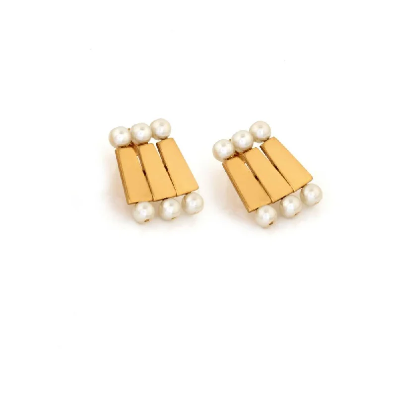 women's luxury earrings-Suhani Pittie Gold Toned Brick & Pearl Stacked Trio Stud Earring