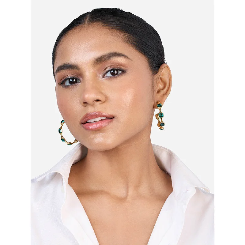 women's geometric earrings-Isharya Jungle Green Crystal Hoop Earrings In 18KT Gold and Signature Colored Plating