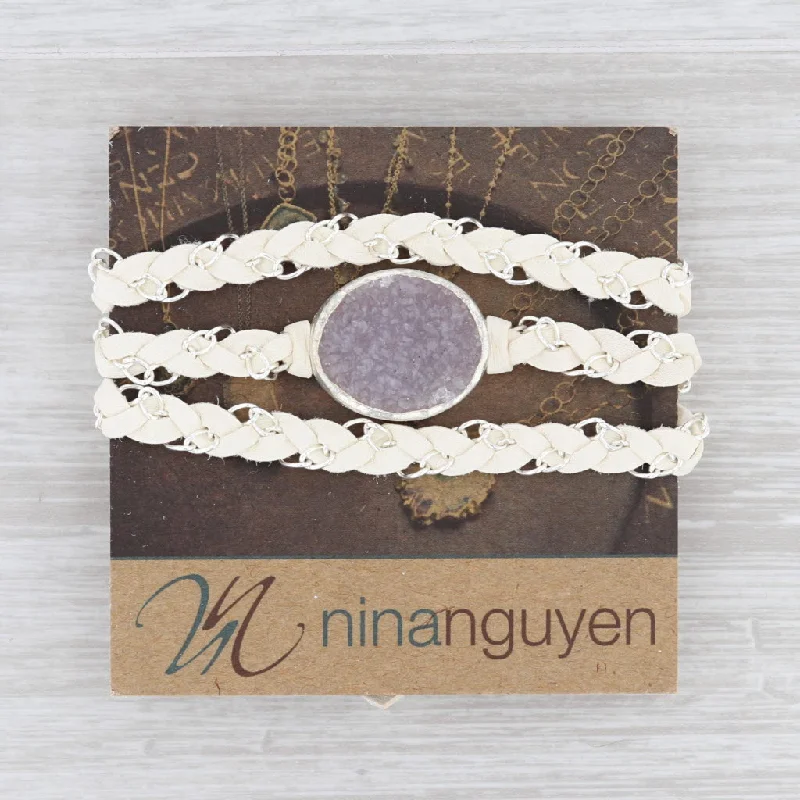 women's amethyst necklaces-New Nina Nguyen Cordelia Necklace Woven White Leather Amethyst Druzy Tags