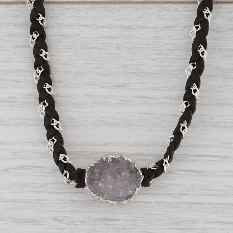 women's summer-inspired necklaces-New Nina Nguyen Druzy Quartz Cordelia Necklace Woven Dark Brown Leather Tags