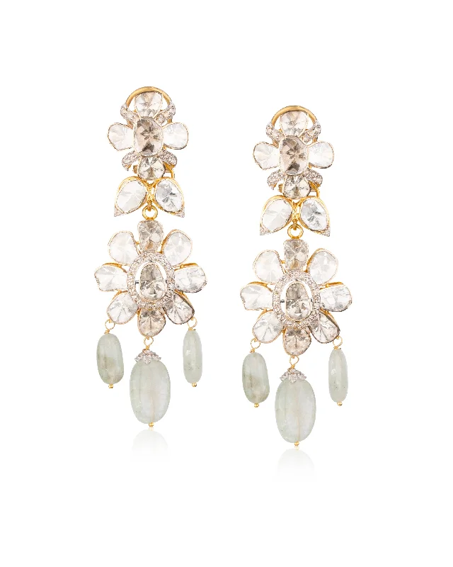 women's platinum earrings-Zeena Polki And Diamond Long Earrings