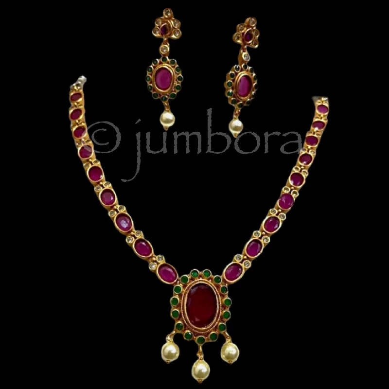 women's engraved necklaces-Matte Antique Necklace Set With AD Ruby red and Green Stones