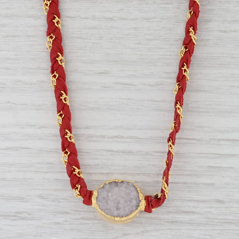 women's gothic necklaces-New Cordelia Nina Nguyen Necklace White Druzy Woven Red Leather Gold Vermeil