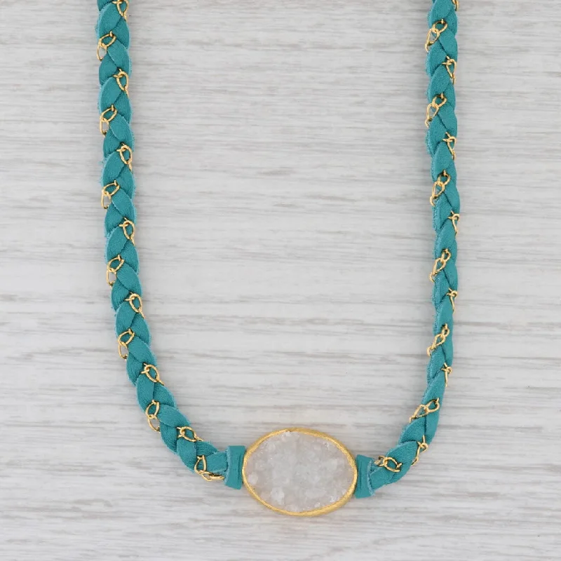 women's engraved necklaces-New Nina Nguyen Cordelia Necklace White Druzy Quartz Pendant Teal Leather