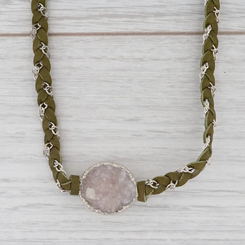 women's two-tone necklaces-New Nina Nguyen Cordelia Woven Necklace White Druzy Quartz Pendant Green Leather