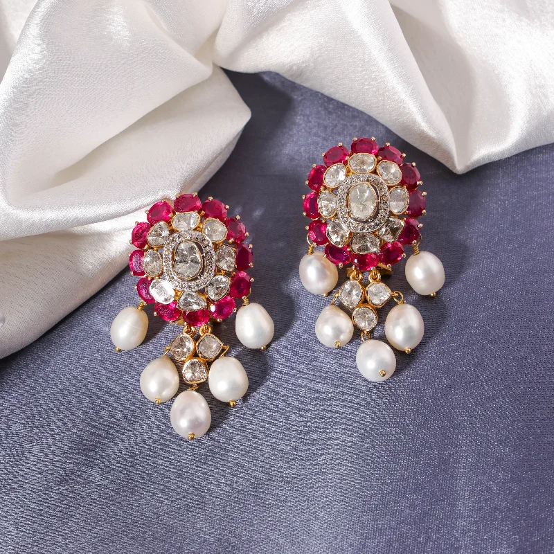 women's statement earrings-Teena Polki And Diamond Long Earrings