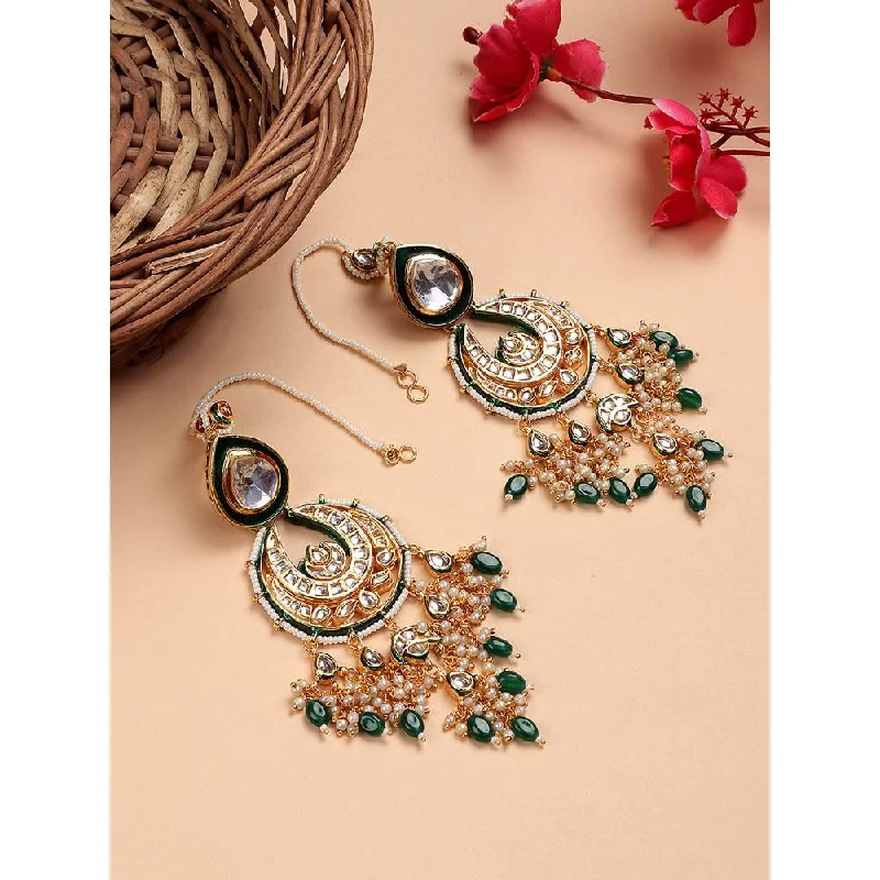 women's abstract earrings-Auraa Trends 22KT Gold Plated Kundan Green Traditional Handcrafted Stone Chaandbaali