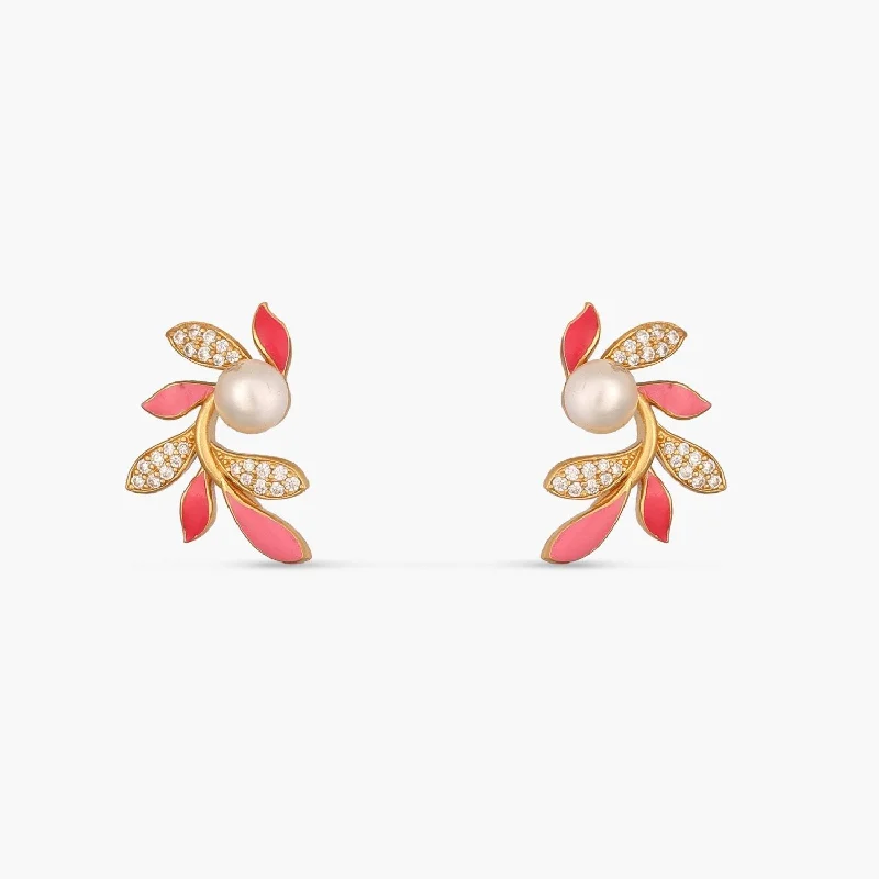 women's hoop earrings-Eriha Pearl CZ Pink Leaf Stud Earrings