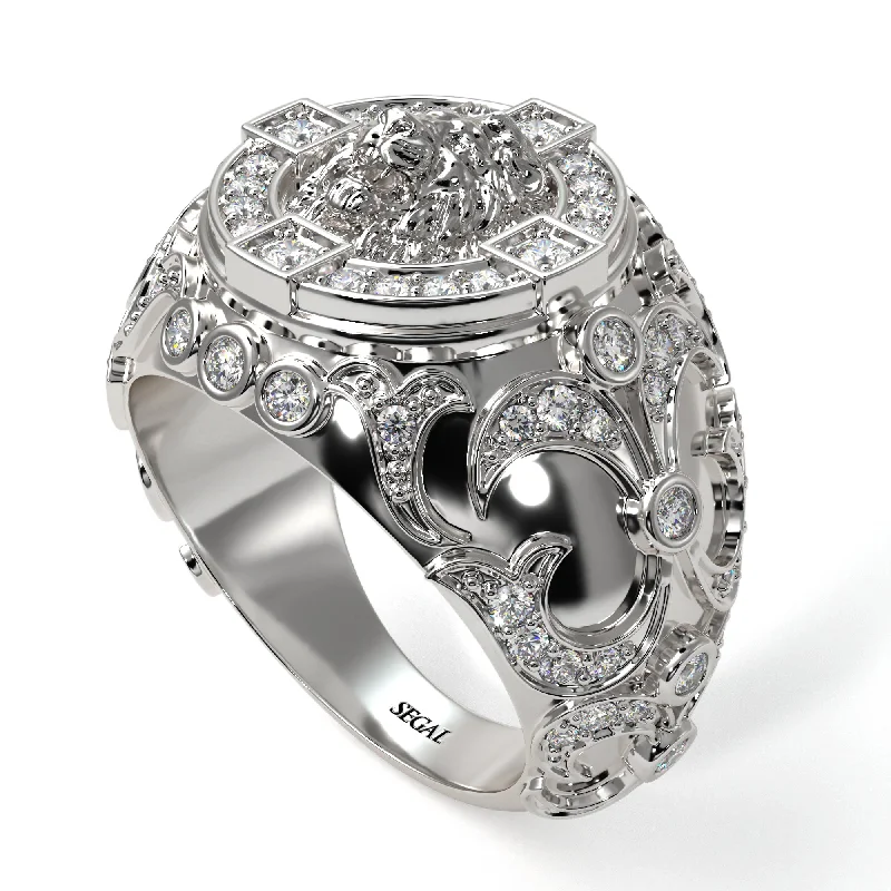 women's floral rings-Diamond Royal Lion Men Signet Ring - Terry No. 3