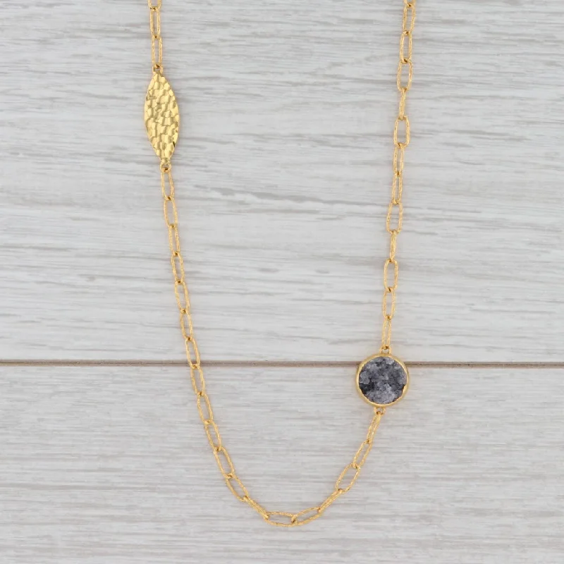 women's statement necklaces-New Nina Nguyen Druzy Quartz Station Necklace Sterling Gold Vermeil 36" Adjust