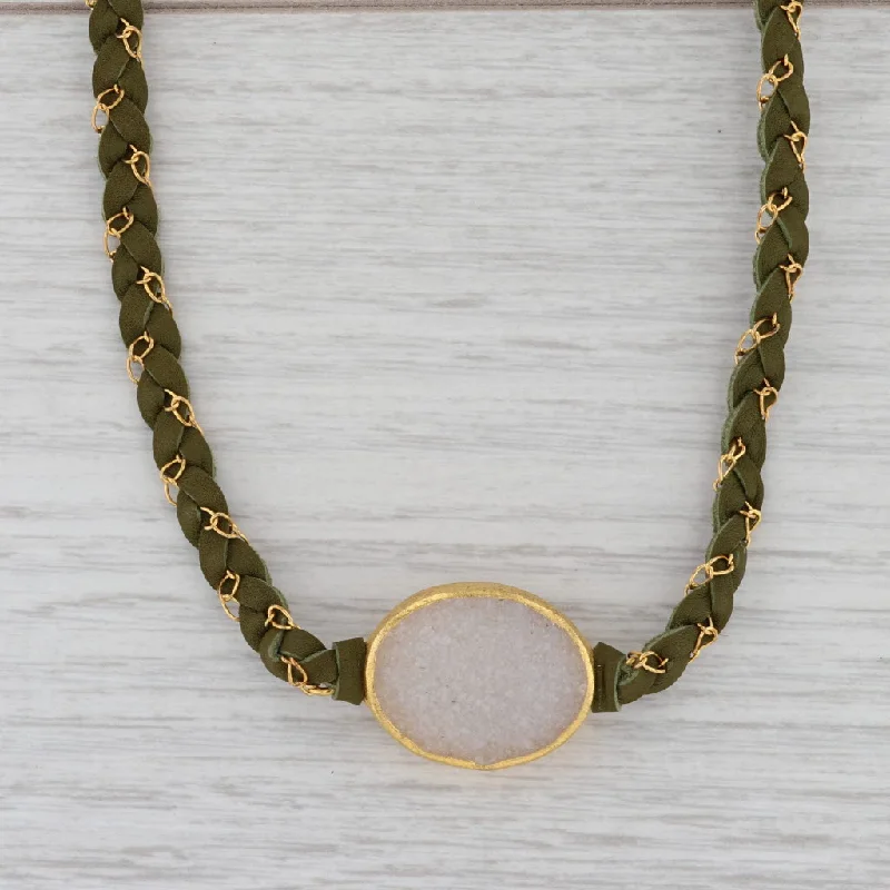 women's emerald necklaces-New Nina Nguyen Cordelia Necklace Woven Green Leather White Druzy Quartz