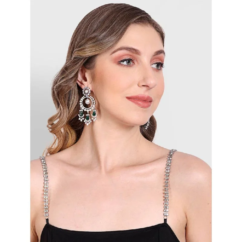 women's romantic earrings-Auraa Trends Rhodium Plated American Diamond Contemporary Drop Earrings