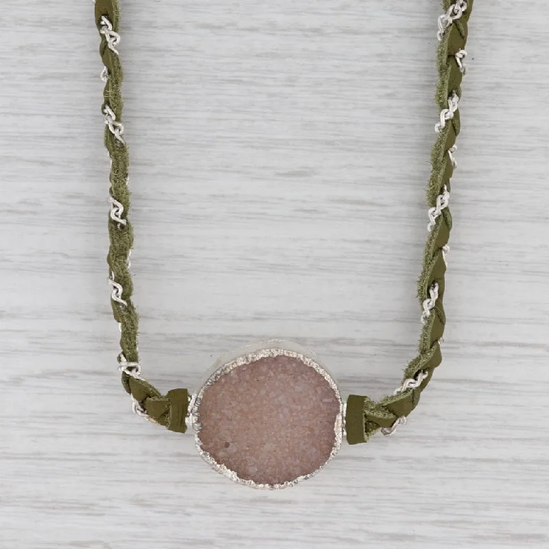 women's sapphire necklaces-New Nina Nguyen Cordelia Woven Green Leather Necklace White Druzy Quartz Pendant