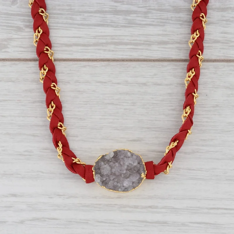 women's art deco necklaces-New Cordelia Nina Nguyen Necklace Red Woven Leather Gold Vermeil White Druzy