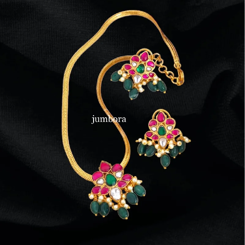 women's summer necklaces-Jadau Kundan Pendant Necklace with Earrings