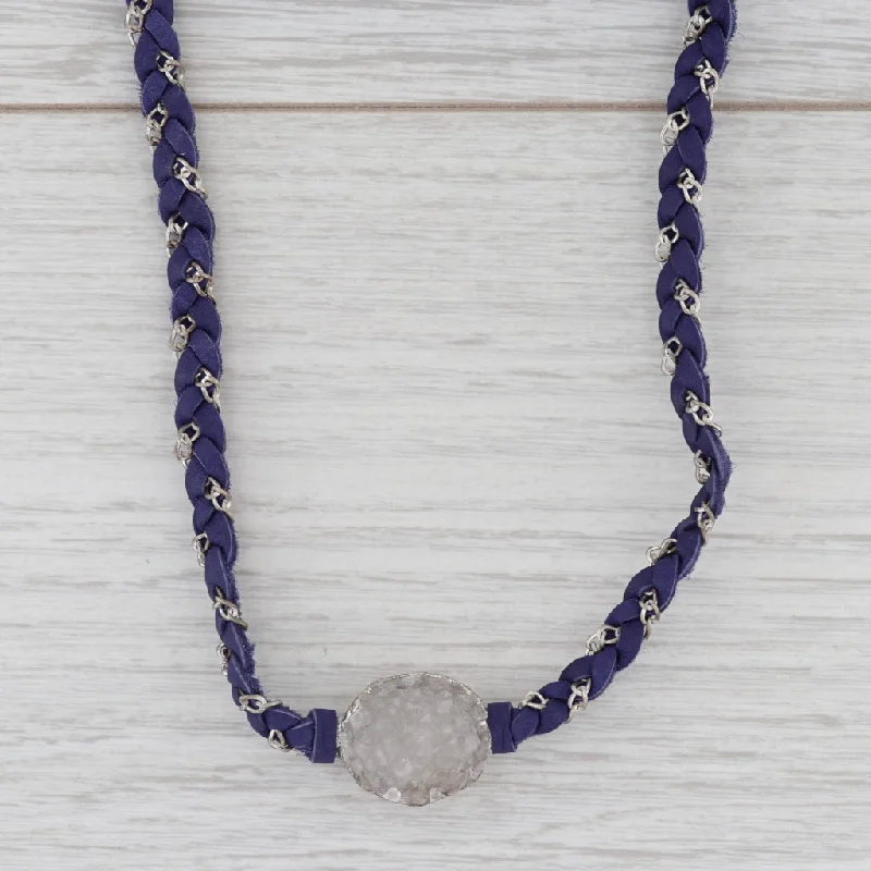 women's celestial moon necklaces-New Nina Nguyen Cordelia Necklace White Druzy Pendant Woven Purple Leather NWT