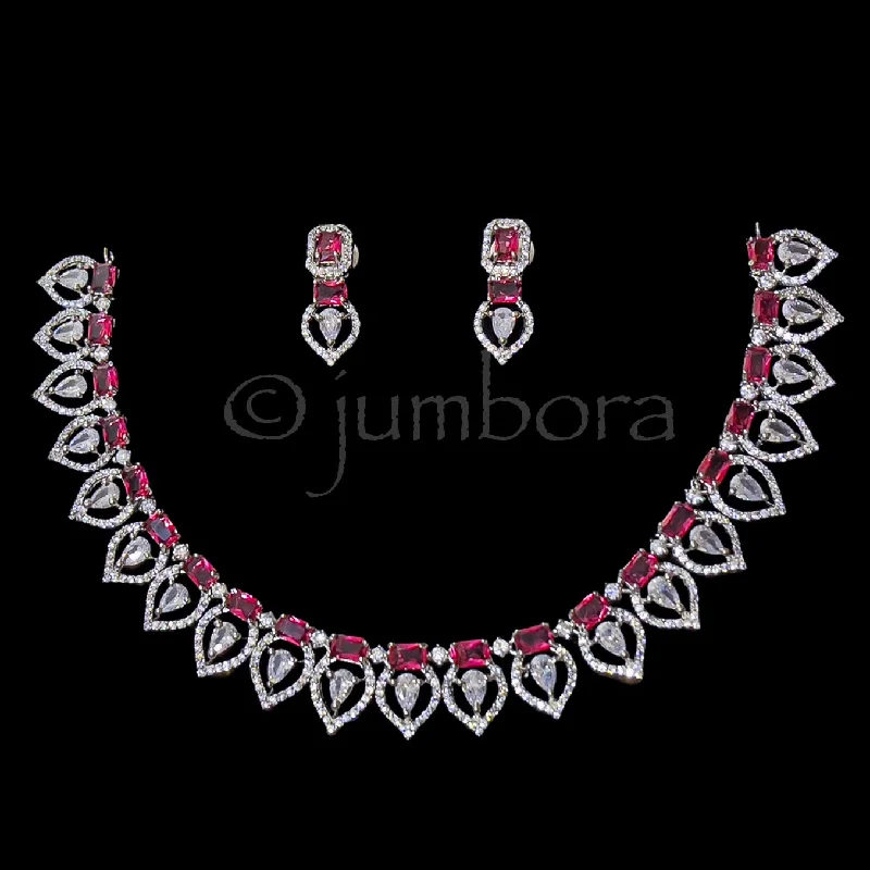 women's adjustable necklaces-Burgandy Red AD Zircon CZ Necklace in White Gold Finish