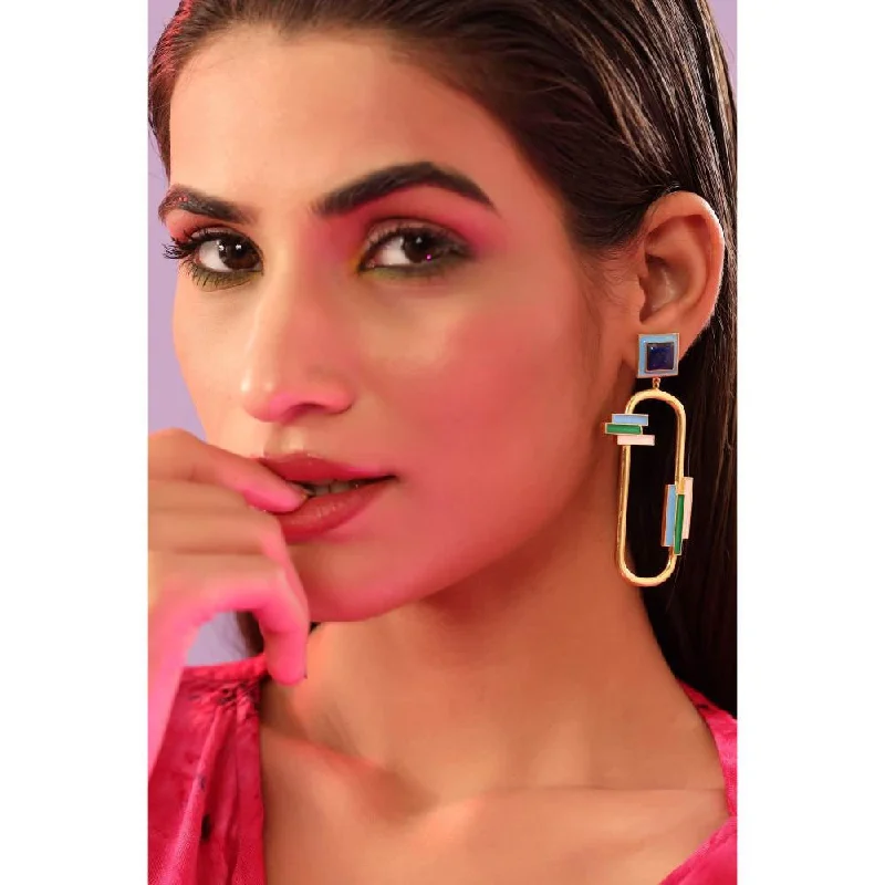 women's engraved earrings-Zurooh 18K Gold Plated Lock Shape Earring With Multi Color Enamel