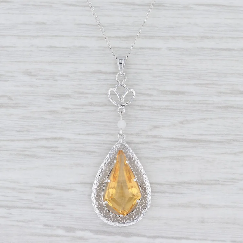 women's dainty necklaces-Vintage Citrine Teardrop Pendant Necklace 14k White Gold Filigree 16" Curb Chain