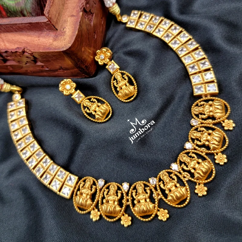 women's vintage necklaces-Temple Jewelry Matte Gold White AD Zircon Stone Lakshmi Necklace