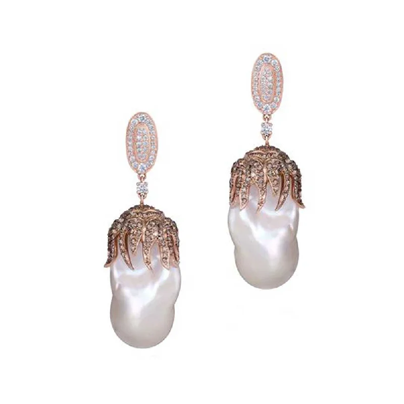 women's vintage earrings-Kaj Fine Jewellery Coffee Diamond and Pearl Earrings in 18KT Rose Gold