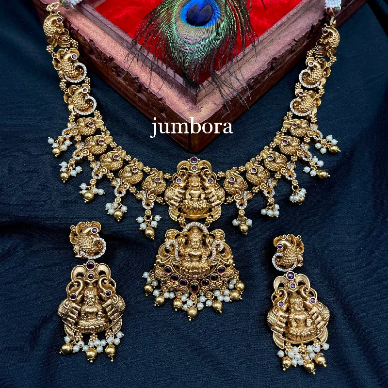 women's summer-inspired necklaces-Nakshi AD Peacock Lakshmi Necklace in Temple Jewelry