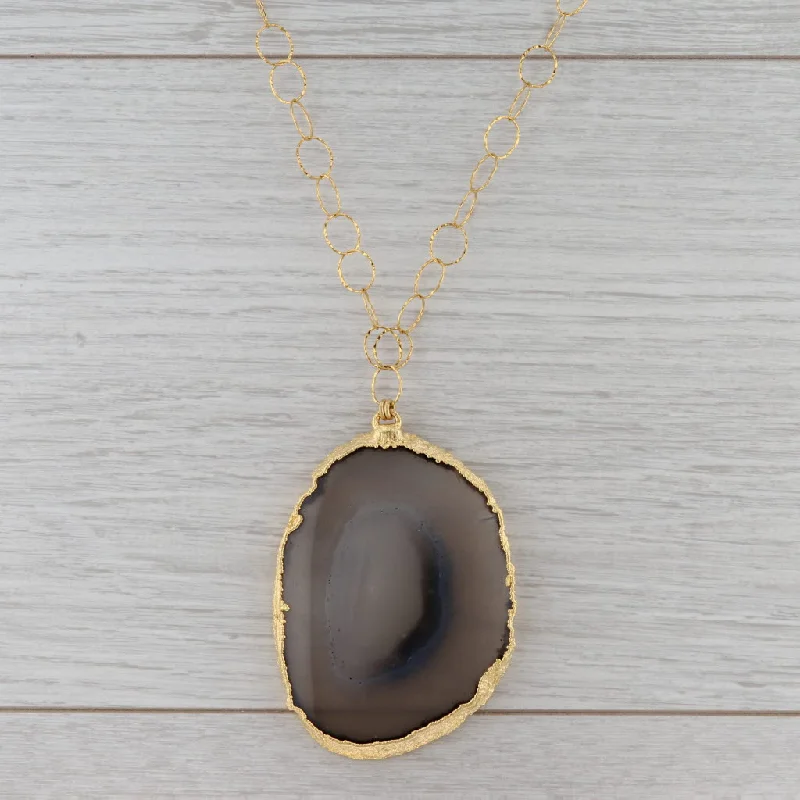 women's halo necklaces-New Nina Nguyen Agate Slice Statement Pendant Necklace Sterling Gold Vermeil 31"