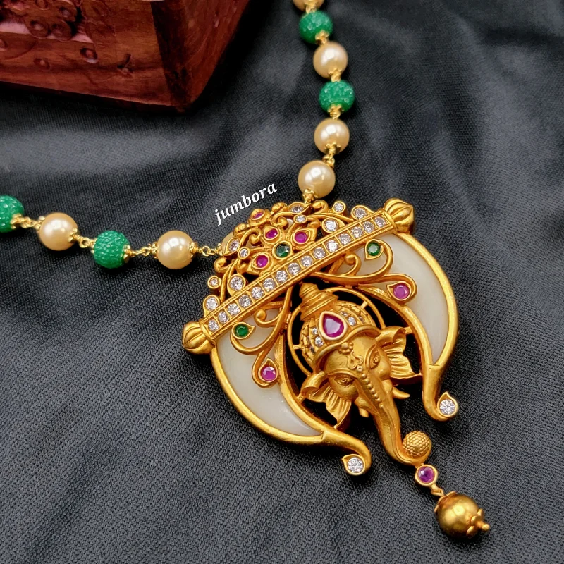 women's healing crystal necklaces-Handmade Ganesha Matte Gold Pearl Mala Necklace