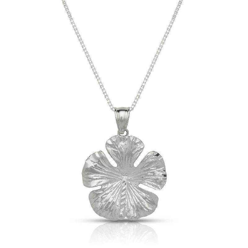 women's elegant pearl necklaces-Large Hibiscus Flower .925 Sterling Silver Necklace w. Box Chain