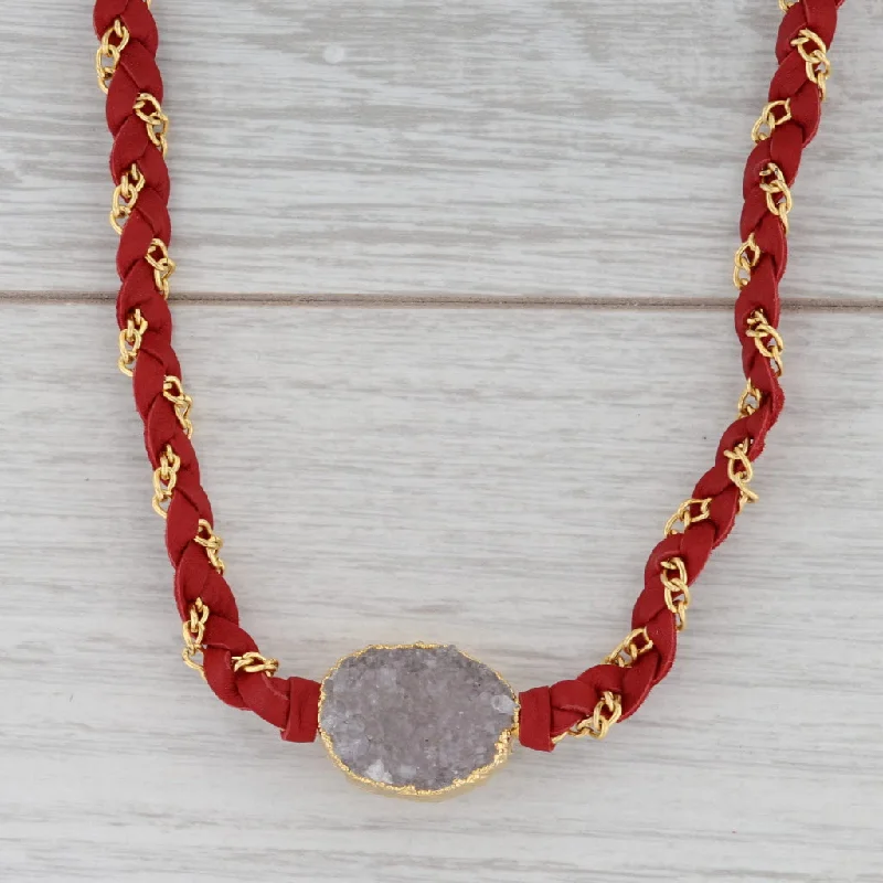 women's adjustable necklaces-New Cordelia Nina Nguyen Necklace White Druzy Red Woven Leather Gold Vermeil