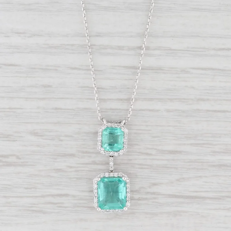 women's luxury necklaces-New 3.8ctw Emerald Diamond Halo Pendant Necklace 14k White Gold 18" Cable Chain