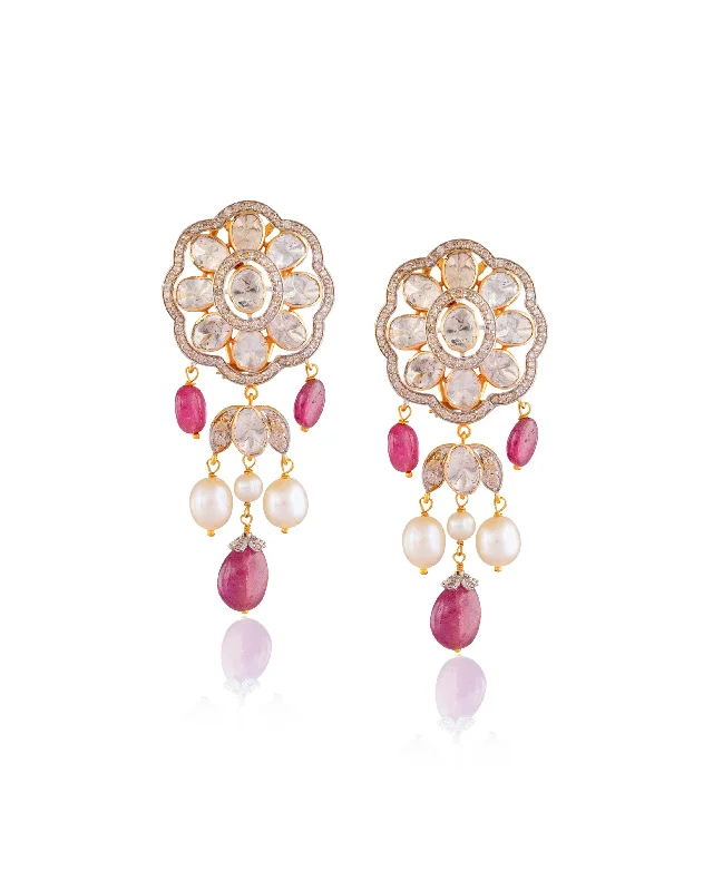 women's delicate earrings-Praveen Polki And Diamond Long Earrings