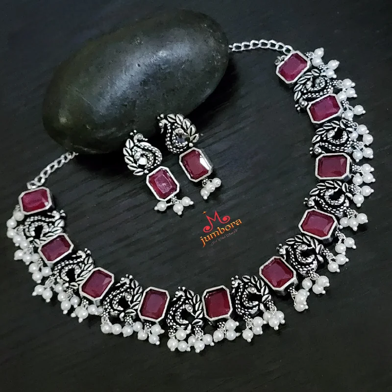 women's gothic necklaces-Peacock Oxidized German Silver Ruby Red Stone Necklace set