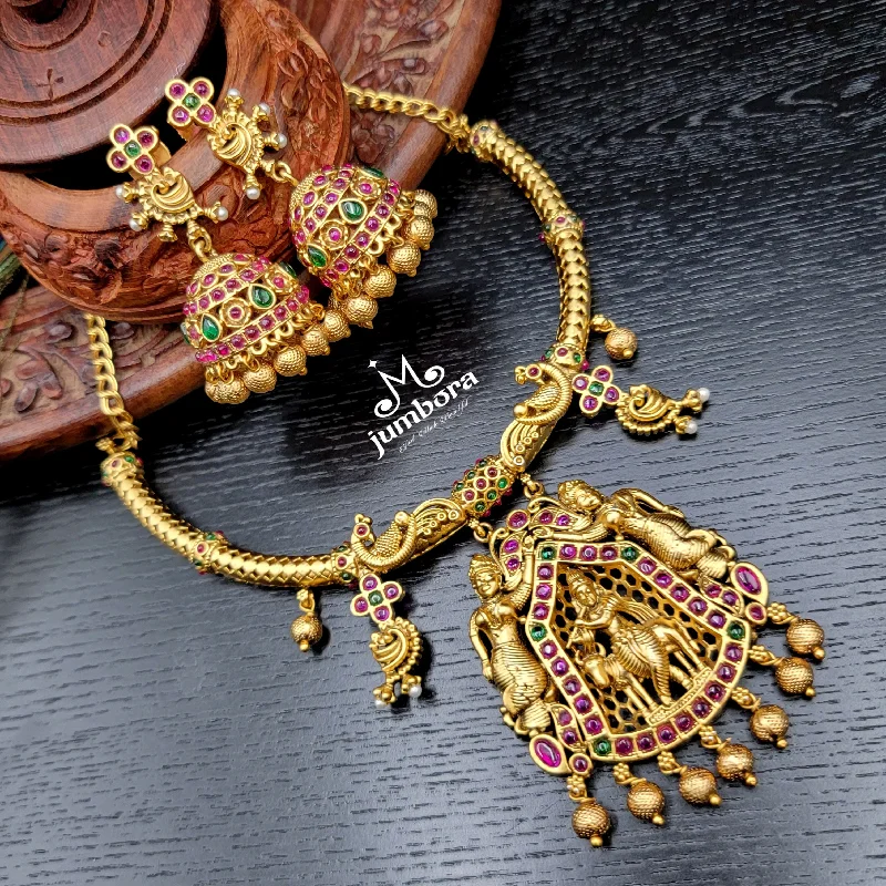 women's fashion necklaces-Brass Naakshi Peacock Kante Hasili Krishna Necklace Set