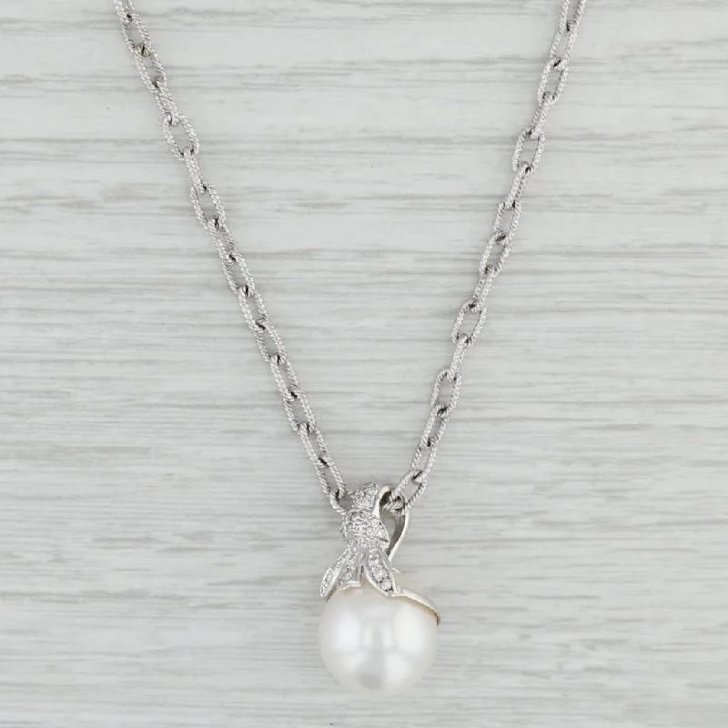 women's infinity love necklaces-0.15ctw Diamond Cultured Pearl Pendant Necklace 18k White Gold 15.5" Cable Chain