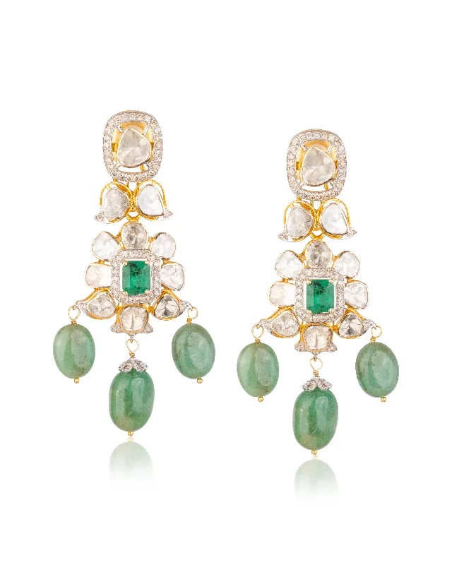 women's modern earrings-Nazra Polki And Diamond Long Earrings